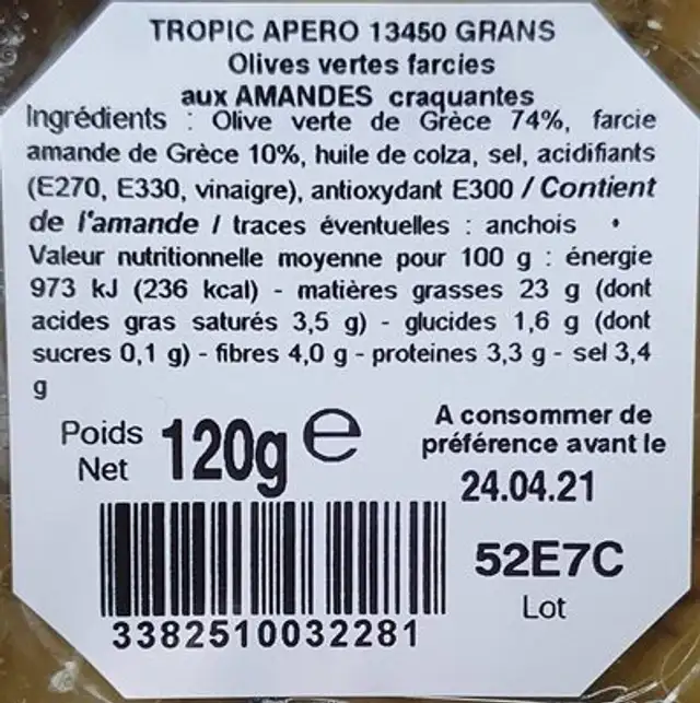 Olives vertes farcies a l'amande nutrition facts table
