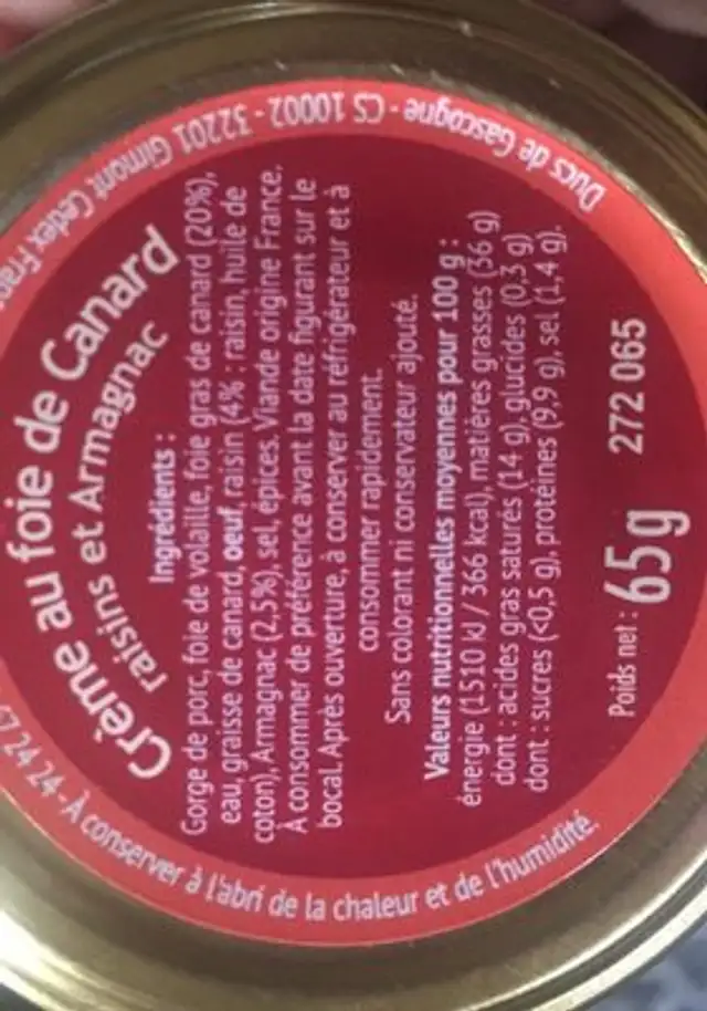 Caprice au foie de Canard ingredients label
