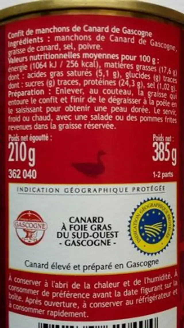 Confit de manchons de canard ingredients label