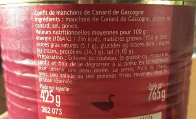 Confit de manchons de canard de Gascogne nutrition facts table