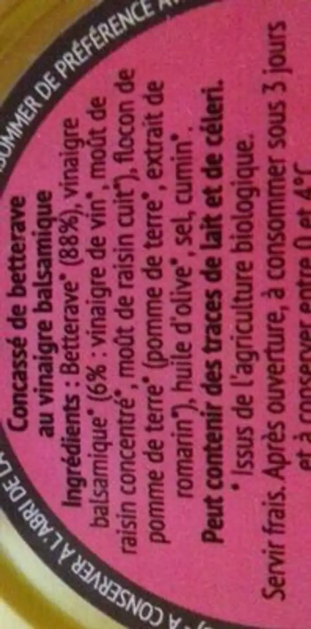 Creme a tartiner betterave et vinaigre balsamique ingredients label