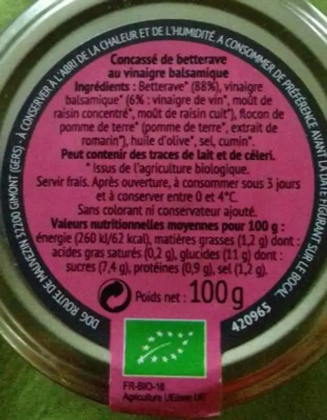 Creme a tartiner betterave et vinaigre balsamique nutrition facts table