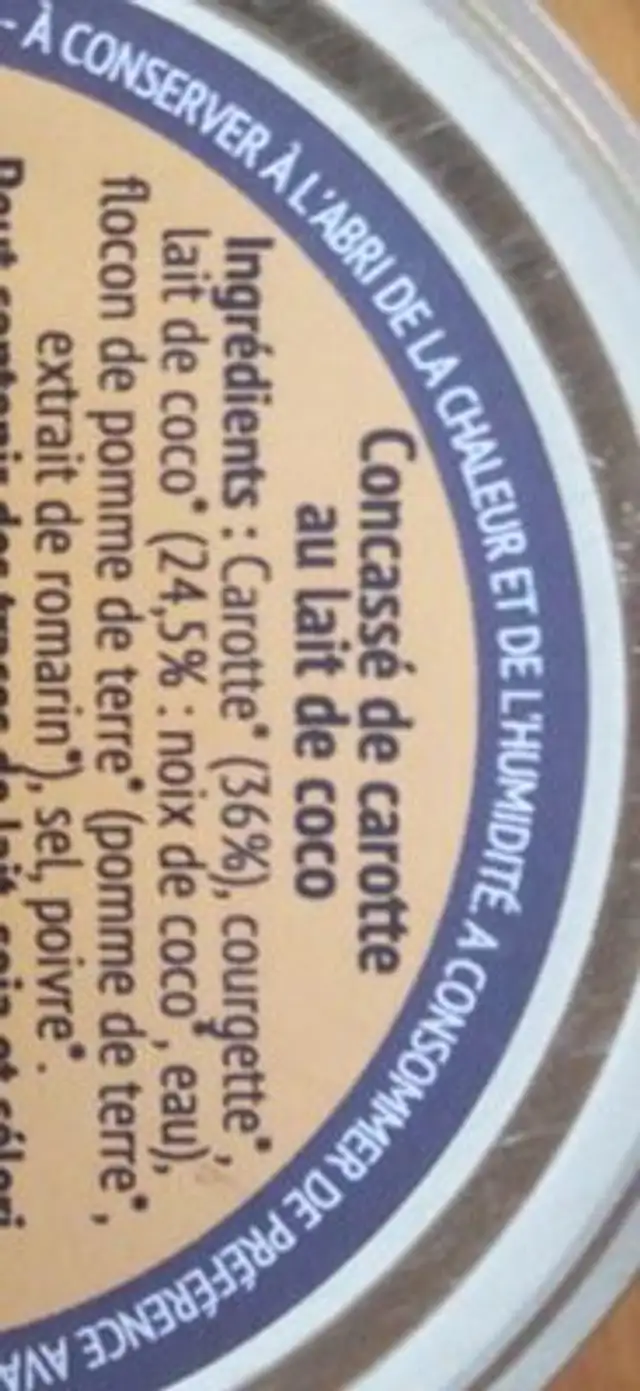 Carotte&Lait de coco ingredients label