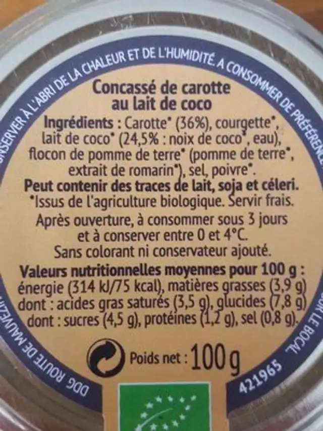 Carotte&Lait de coco nutrition facts table