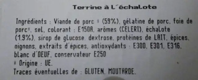 Terrine ? L'echalote ingredients label