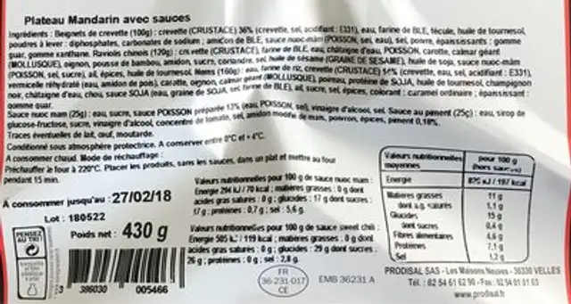 Beignets de crevettes nutrition facts table