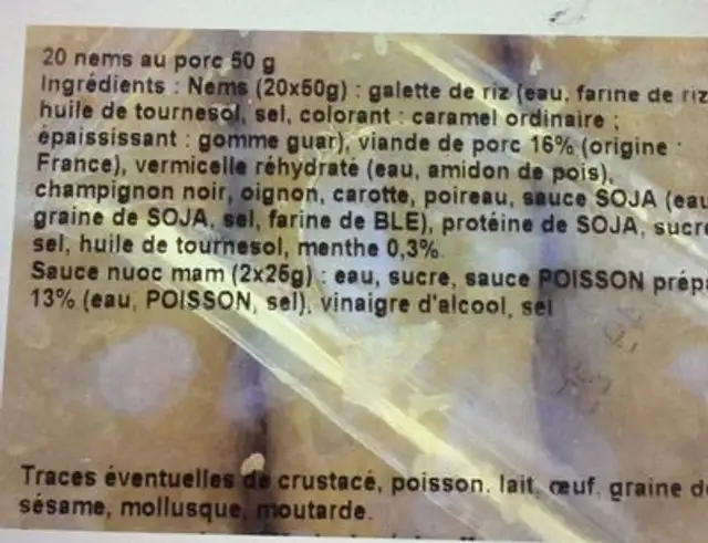 Nems au porc avec sauces ingredients label