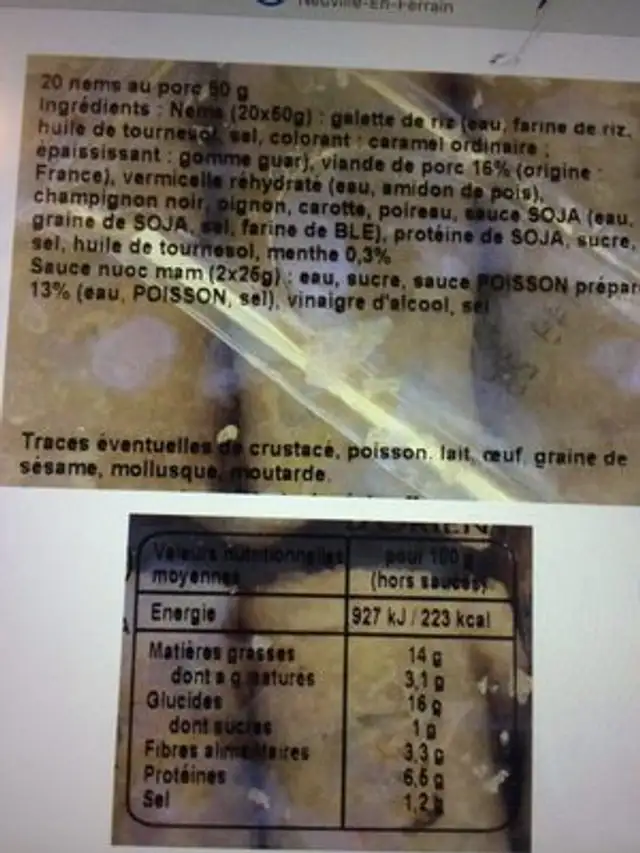 Nems au porc avec sauces nutrition facts table