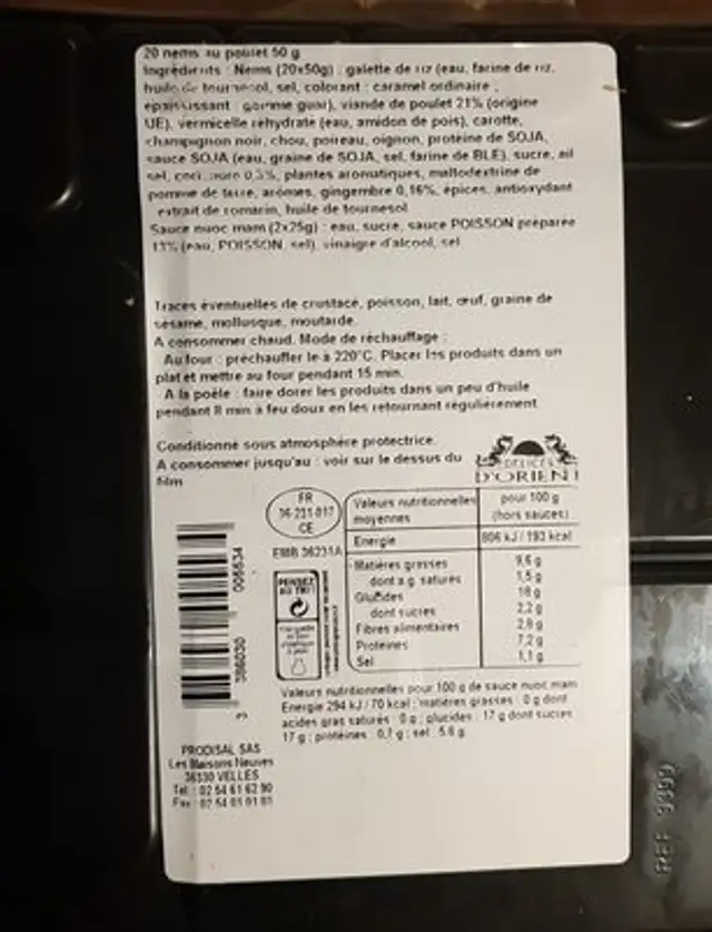 Nems au poulet avec sauces ingredients label