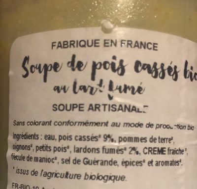 Soupe de pois cassés au lard fumé ingredients label
