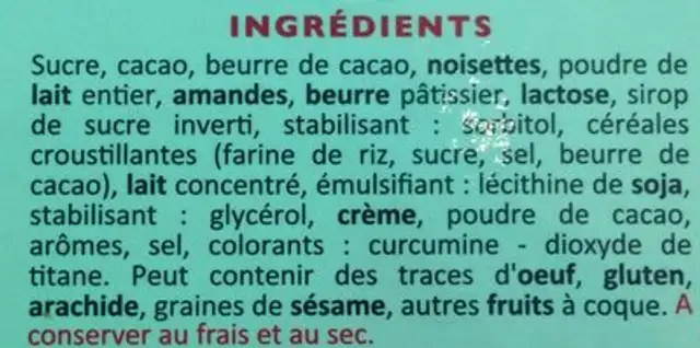 Collection De 20 Chocolats Assortis ingredients label