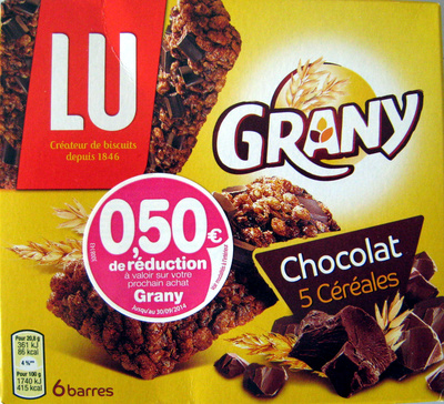 LU - Grany Chocolate 5 Cereals Bar x6, 125g (4.5oz) front packaging