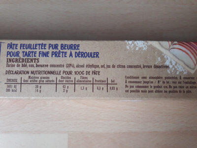 Pâte feuilletée fine ingredients label