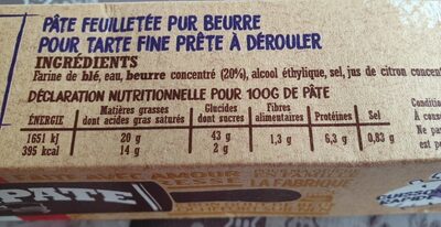 Pâte feuilletée fine nutrition facts table