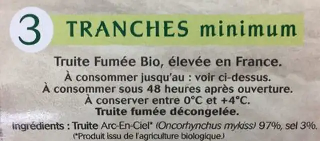 Truite fumée bio au bois de hêtre ingredients label