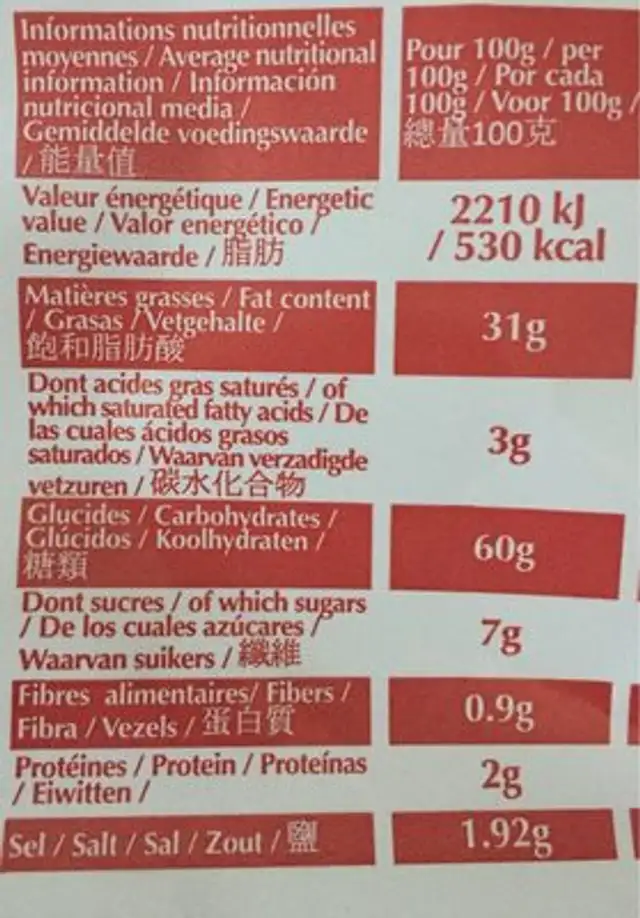 Chips à la crevette nutrition facts table
