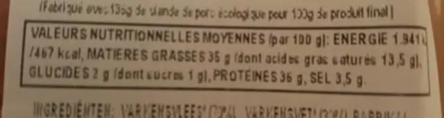 Chorizo En Tranches nutrition facts table