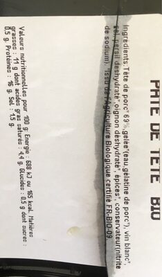 Pate De Tete 1 Tranche nutrition facts table