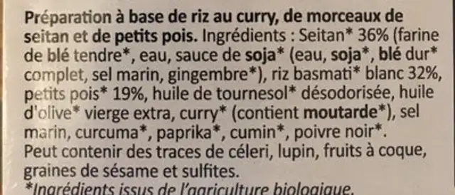 Riz et seitan à l'indienne ingredients label