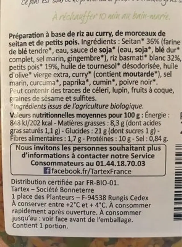 Riz et seitan à l'indienne nutrition facts table