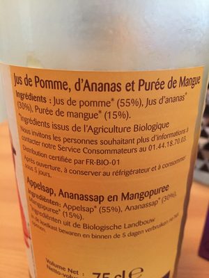 Cocktail Ananas Mangue ingredients label
