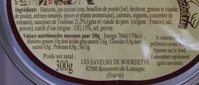 Cassoulet au confit d'oie ingredients label