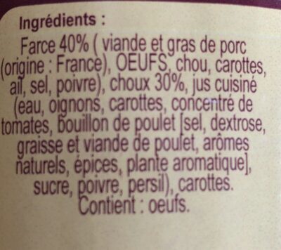 Choux farcis ingredients label