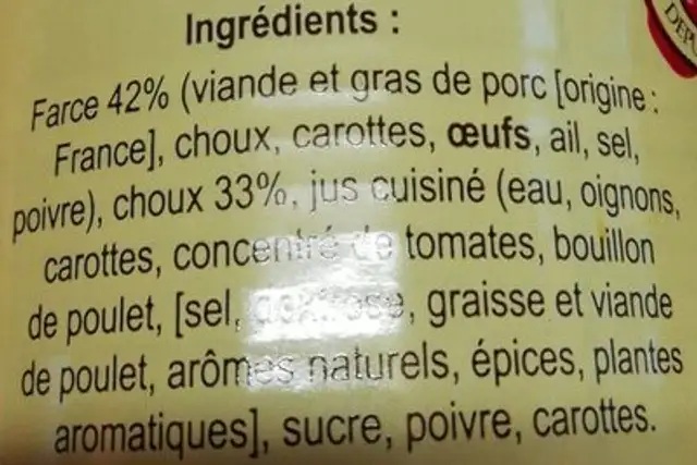 Choux farcis ingredients label