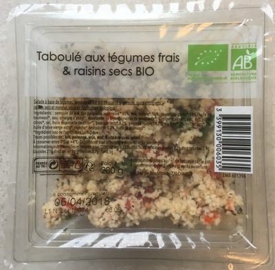 Taboulé légumes frais et raisins secs front packaging