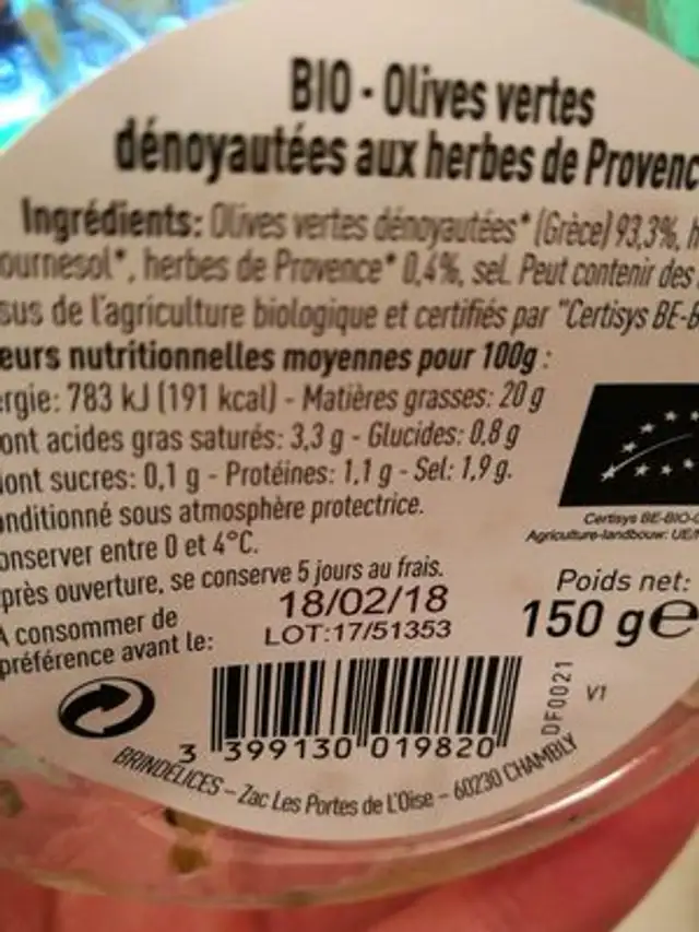 Olives vertes dénoyautées aux herbes de Provence ingredients label