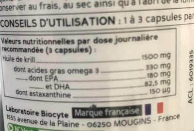 Oméga 3 Krill - 90 Gélules - Biocyte ingredients label