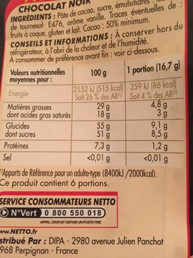 Tablette familiale chocolat noir - 100g ingredients label