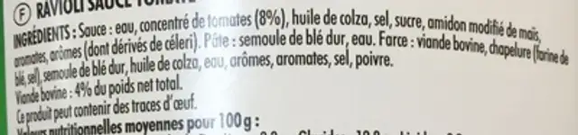 Ravioli sauce tomate ingredients label