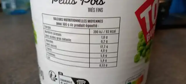Petits pois très fins à l'étuvée nutrition facts table