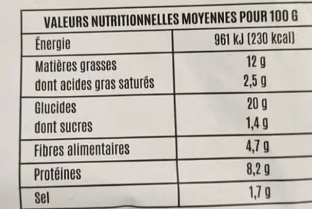 Nuggets de poulet nutrition facts table