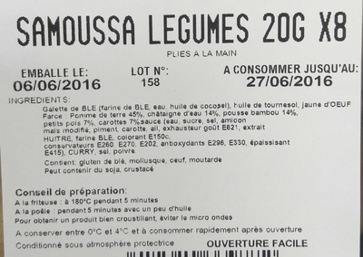 Samoussa Légumes ingredients label