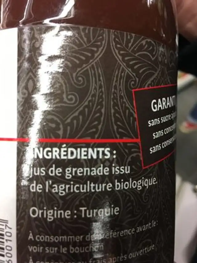 Jus de grenade ingredients label