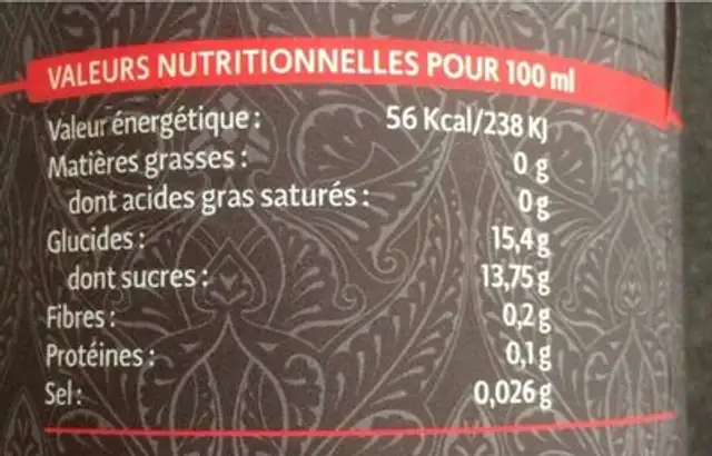 Jus de grenade nutrition facts table