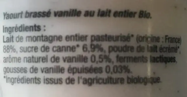 Yaourt Bio Vanille ingredients label