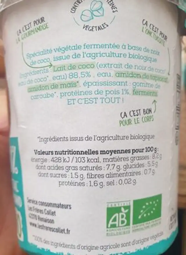 Brassé nature au lait de coco ingredients label