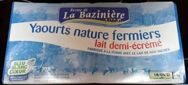 Yaourts fermiers nature La Baziniere front packaging
