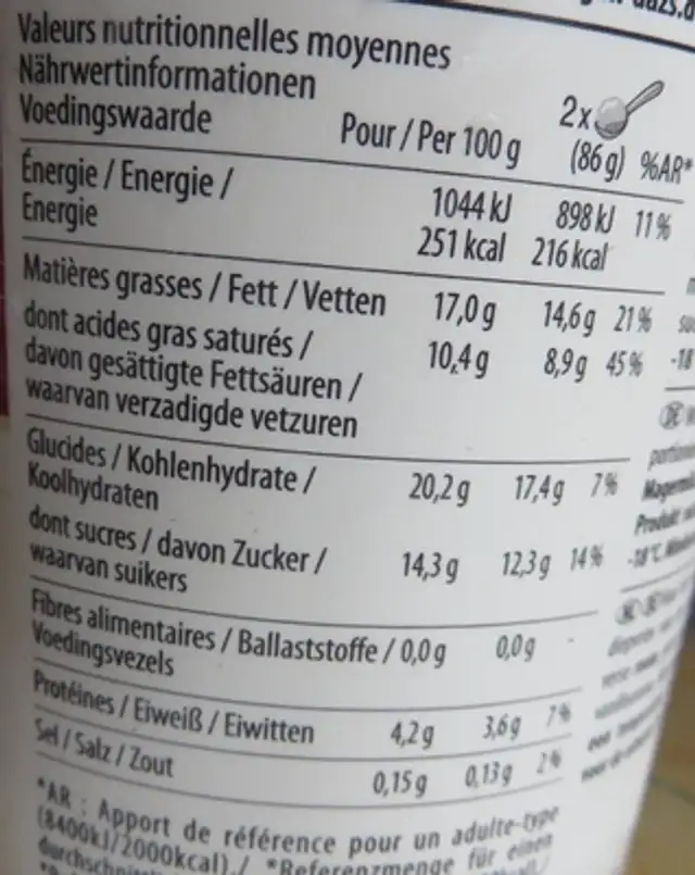 Häagens-Dazs Classics Vanilla nutrition facts table