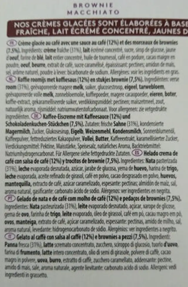 Barista collection - Brownie Macchiato - Crème glacée café ingredients label