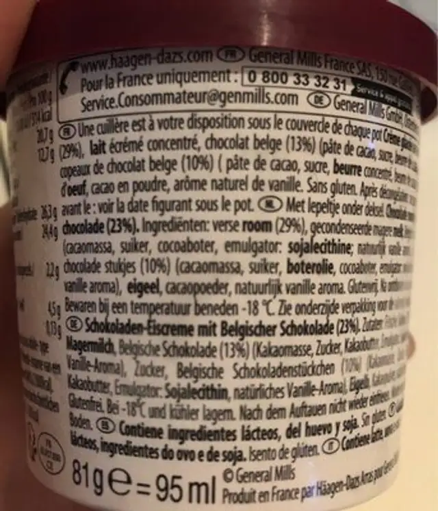 Crème glacée chocolat au chocolat Belge ingredients label