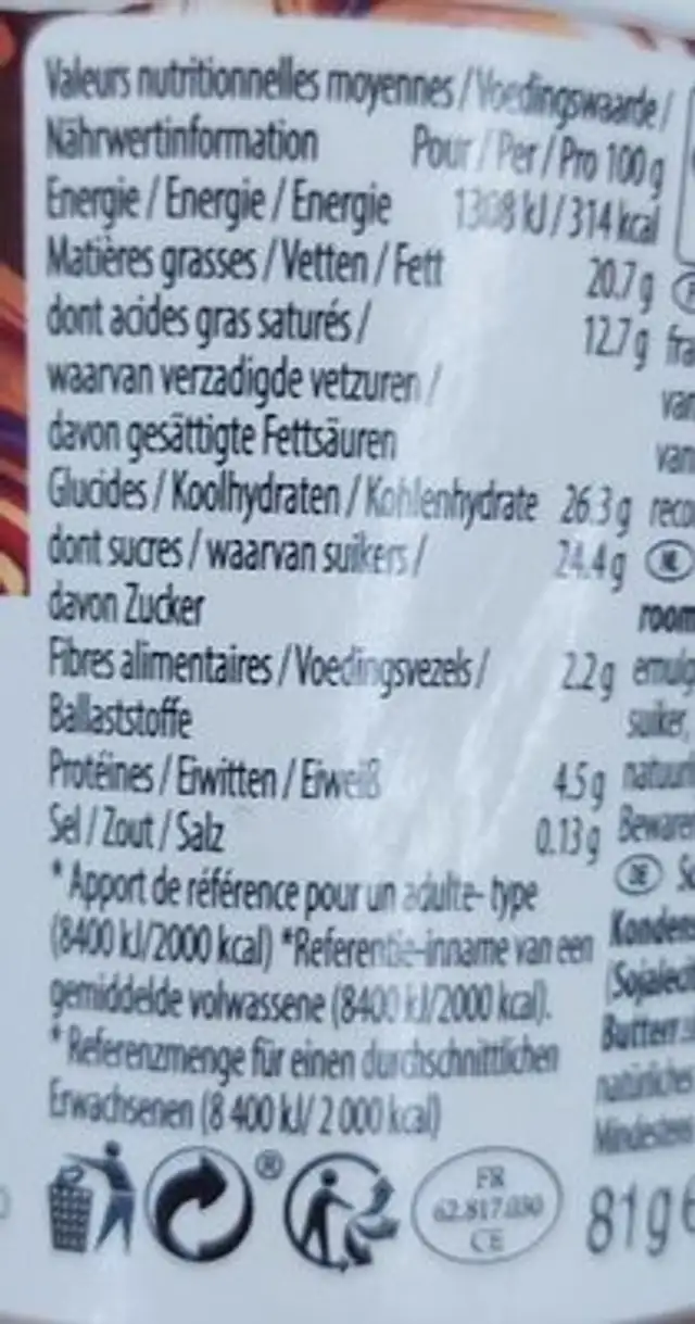 Crème glacée chocolat au chocolat Belge nutrition facts table