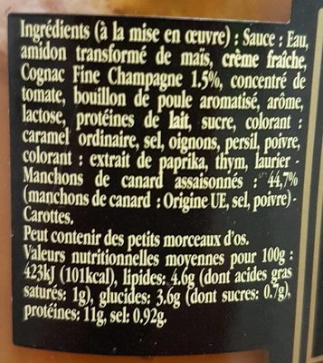 Sauté de canard à la fine champagne nutrition facts table