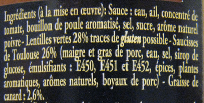 Saucisses de Toulouse aux lentilles vertes ingredients label