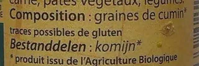 CUMIN moulu ingredients label