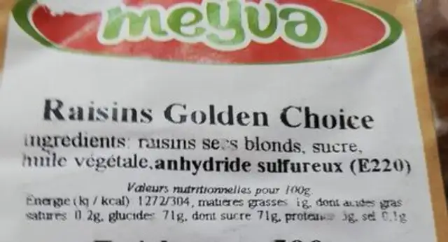Raisins secs ingredients label