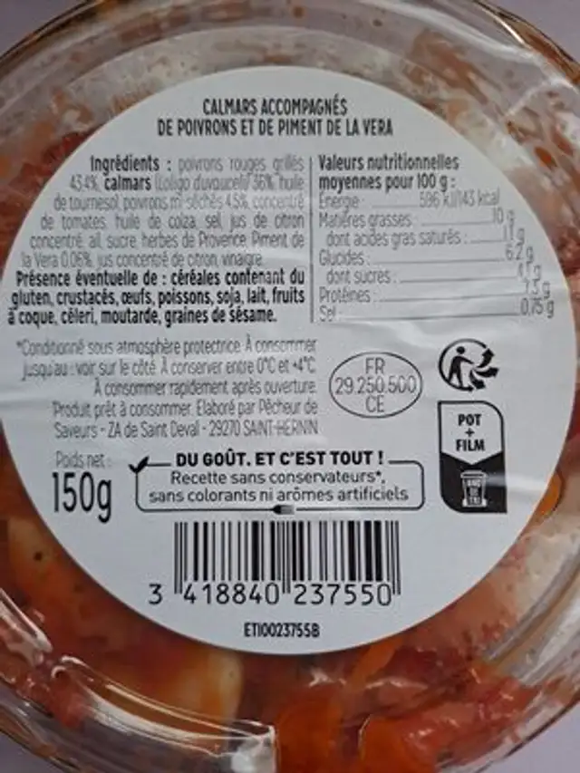 Calamars à la catalane ingredients label